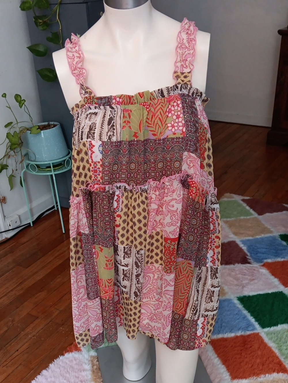 Aakaa Multicolor Patchwork Boho Dress with Pink, Green & Brown Accents